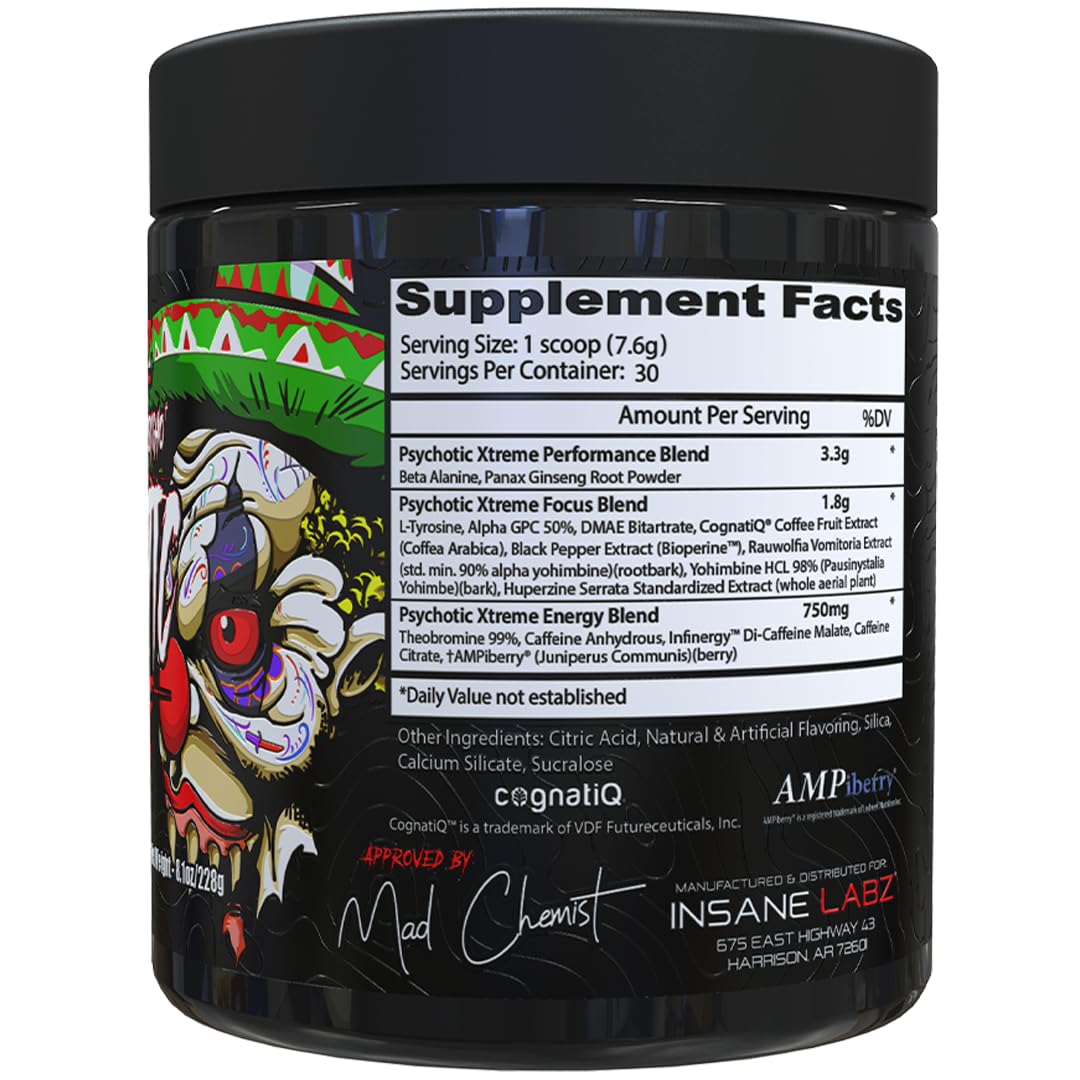 Insane Labz Psychotic Xtreme, High Stimulant Pre Workout Powder, Extreme Lasting Energy, Focus and Endurance with Beta Alanine, Panax Ginseng, Theobromine, DMAE (30 Servings, Fruit Punch)