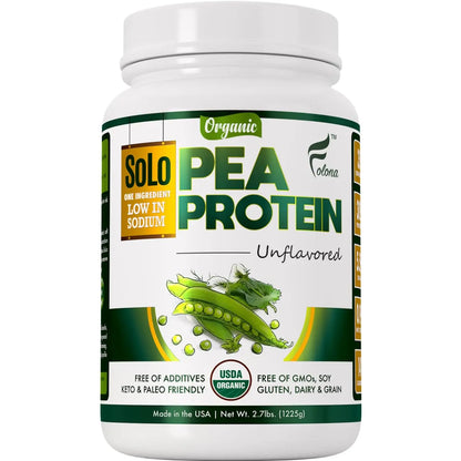 SOLO Organic Pea Protein Isolate, Low in Sodium, Canada Grown Peas, 100% Vegan, Non-GMO, Unflavored Plant Based Protein Powder with BCAA, Keto & Paleo Friendly, FOLONA