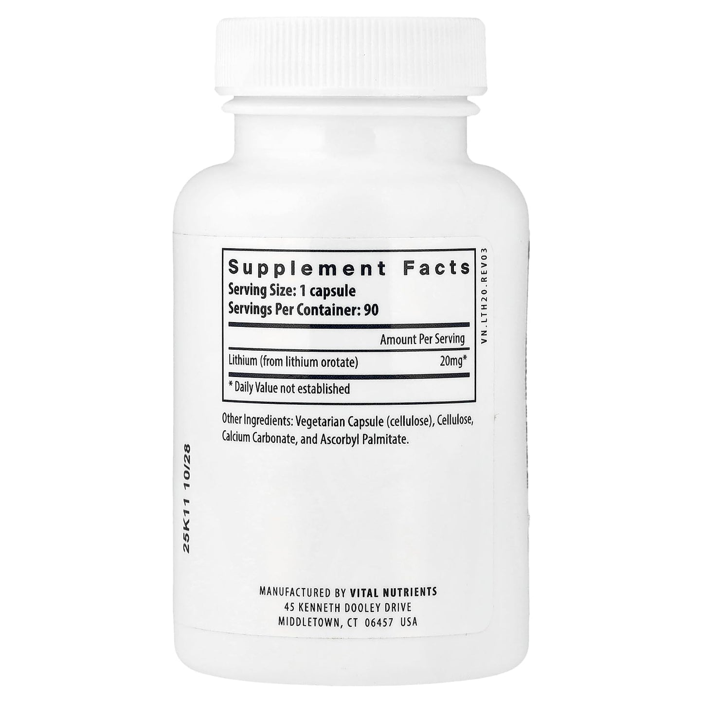 Vital Nutrients Lithium Orotate - Vegan Lithium Supplements for Memory, State of Mind, and Behavioral Health* - 20mg - Gluten, Dairy, Soy Free - 90 Capsules Vital Nutrients