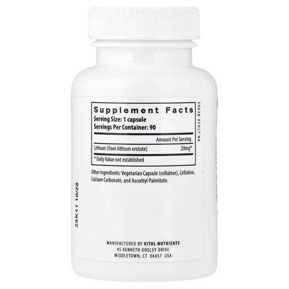 Vital Nutrients Lithium Orotate - Vegan Lithium Supplements for Memory, State of Mind, and Behavioral Health* - 20mg - Gluten, Dairy, Soy Free - 90 Capsules Vital Nutrients