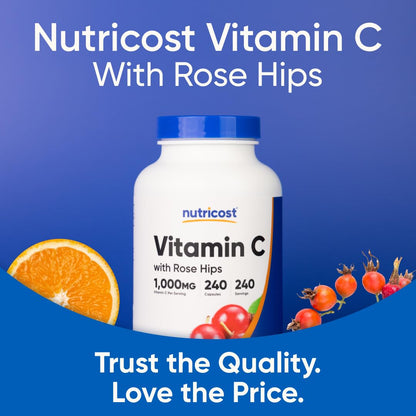 Nutricost Vitamin C with Rose Hips 1025mg, 240 Capsules - Vitamin C 1,000mg, Rose Hips 25mg, Premium Nutricost