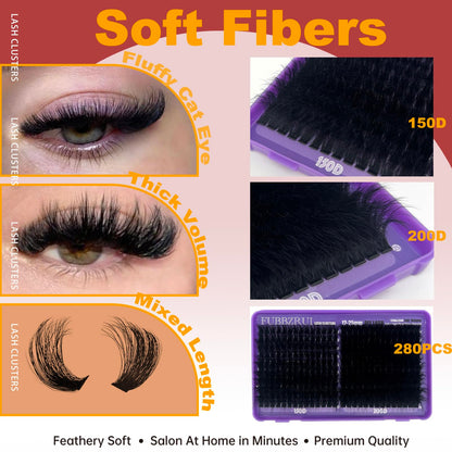 FUBBZRUI Fluffy Lash CLusters 12-25mm Long Cat Eye D Curl 280PCS Cluster Volume Eyelash Extensions 150D+200D Individual Lashes Thick DIY Lash Extesnion FUBBZRUI