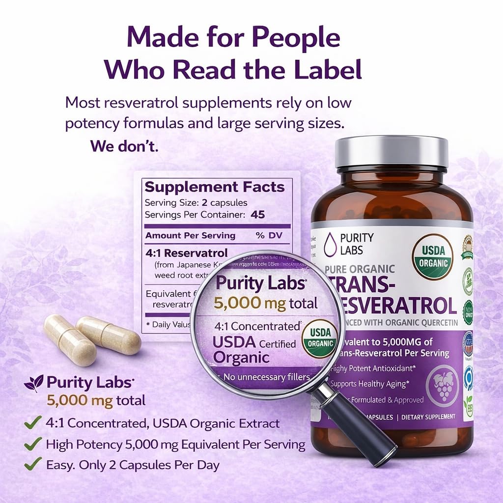 Purity Labs Trans-Resveratrol Supplement 5,000 mg Equivalent per Serving with Quercetin, USDA Organic High Potency Antioxidant, Purity Labs