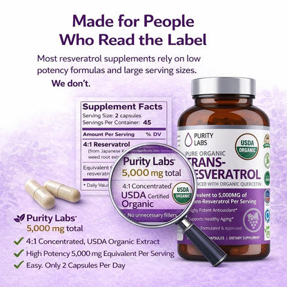 Purity Labs Trans-Resveratrol Supplement 5,000 mg Equivalent per Serving with Quercetin, USDA Organic High Potency Antioxidant, Purity Labs