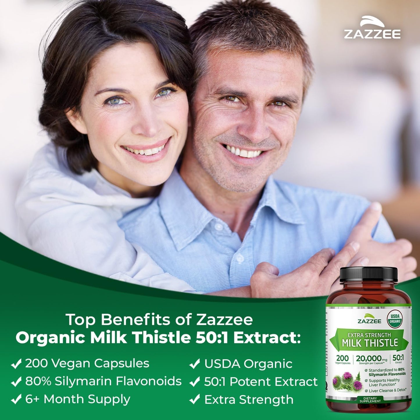 Zazzee USDA Organic Milk Thistle 50:1 Extract, 200 Vegan Capsules | 80% Silymarin Flavonoids, 6+ Month Supply, Silybum Marianum, Liver Support & Detox Support, All-Natural, Non-GMO, Made in USA Gsupps Australia