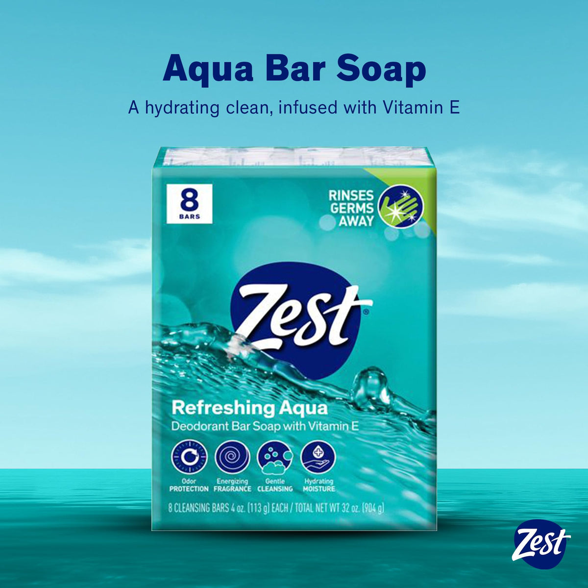Zest 8-Bar Bath Size Soap, Aqua, 4 Ounce per bar, 8 bars, 32 Ounce Zest