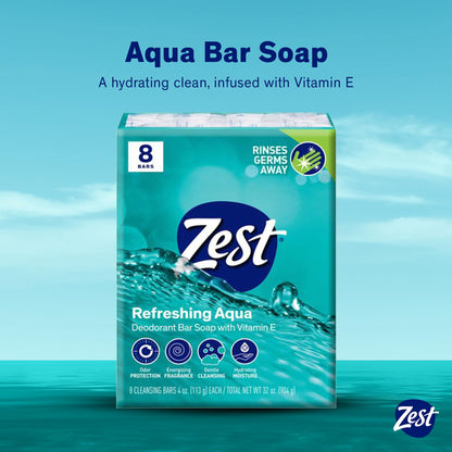 Zest 8-Bar Bath Size Soap, Aqua, 4 Ounce per bar, 8 bars, 32 Ounce Zest