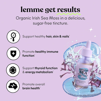 Lemme Irish Sea Moss Organic Liquid Drops with Vitamin D3 & Biotin, Thyroid, Immunity, Hair Skin & Nails & Brain Health Support, Trace Minerals, Sugar Free, 1 oz, 30-Day Supply