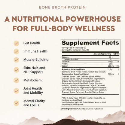 Ancestral Supplements Grass Fed Protein Powder, Chocolate, Beef Bone Broth Based w/Beef Organs & Organic Mushrooms, Gut Health Support, High Protein Supplement, 20g Protein Per Serving, 30 Day Supply