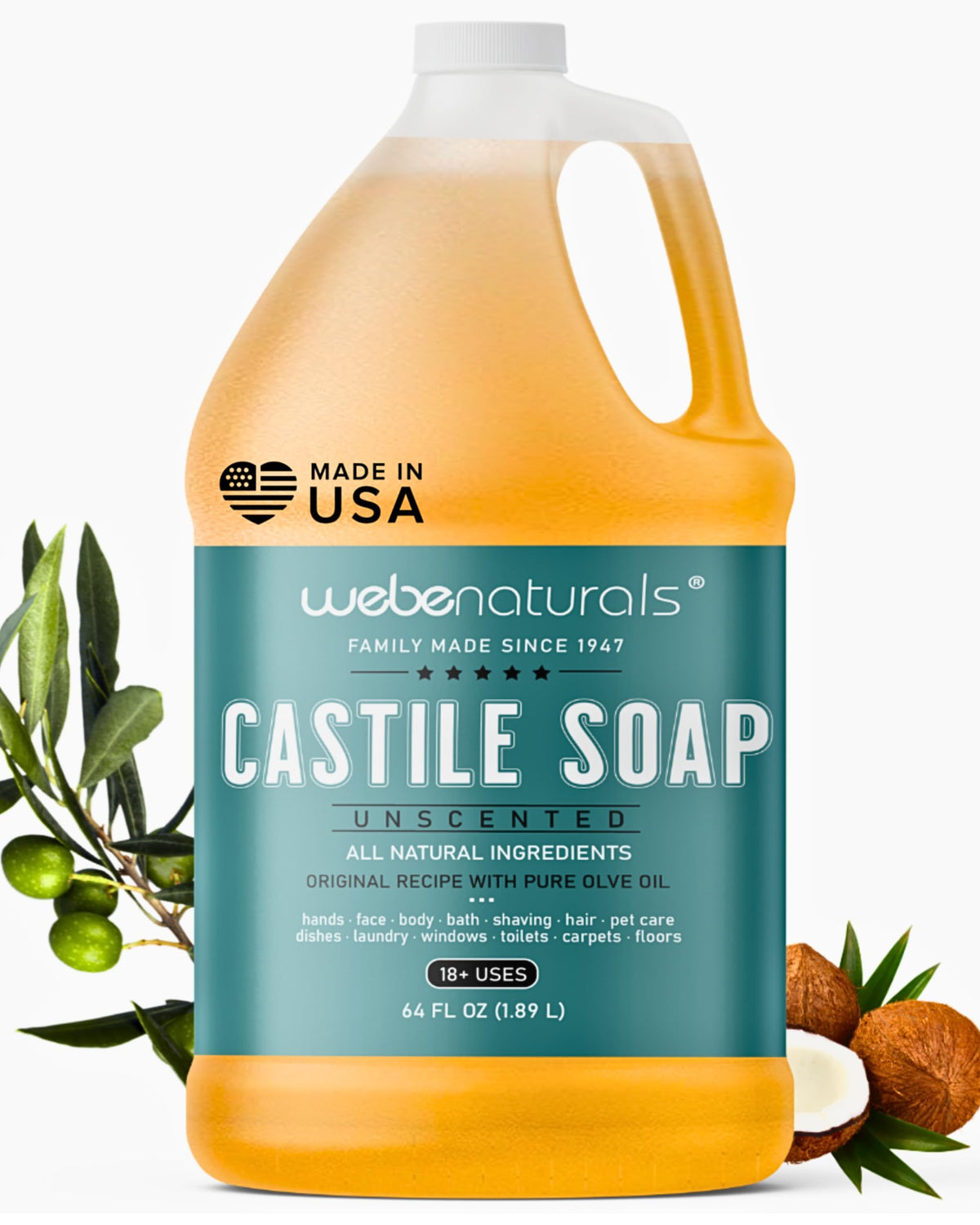 WEBE Naturals Pure Unscented Castile Soap Refill, 64 Oz WEBE