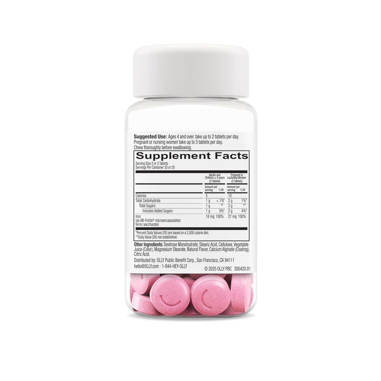 OLLY Delightful Iron Chewable Tablet, Iron Supplement from AB Fortis, Fruit Punch Flavored, 30 or 20 Day Supply - 60 Count OLLY