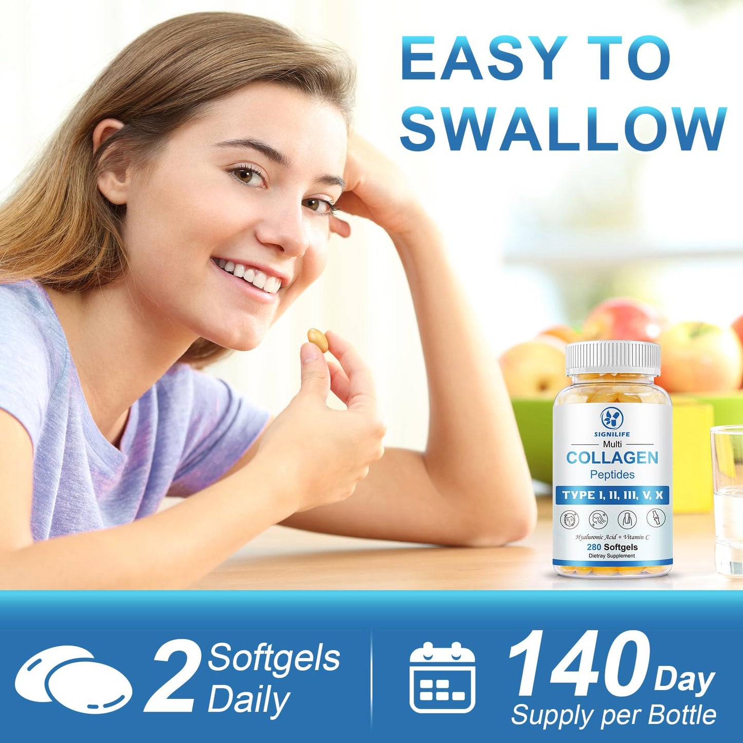 SIGNILIFE Multi Collagen Peptides for Women & Men, Hydrolyzed Collagen Peptides-Type I, II, III, V, X - with Hyaluronic Acid,Vitamin C,Biotin SIGNILIFE
