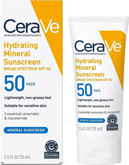 CeraVe Hydrating Mineral Sunscreen SPF 50 Face Sunscreen, Travel Size 2.5oz CeraVe