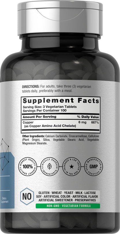 Horbäach Chelated Copper Supplement 6mg | 300 Tablets | Essential Trace Mineral | Vegetarian, Non-GMO, Gluten Free Horbäach