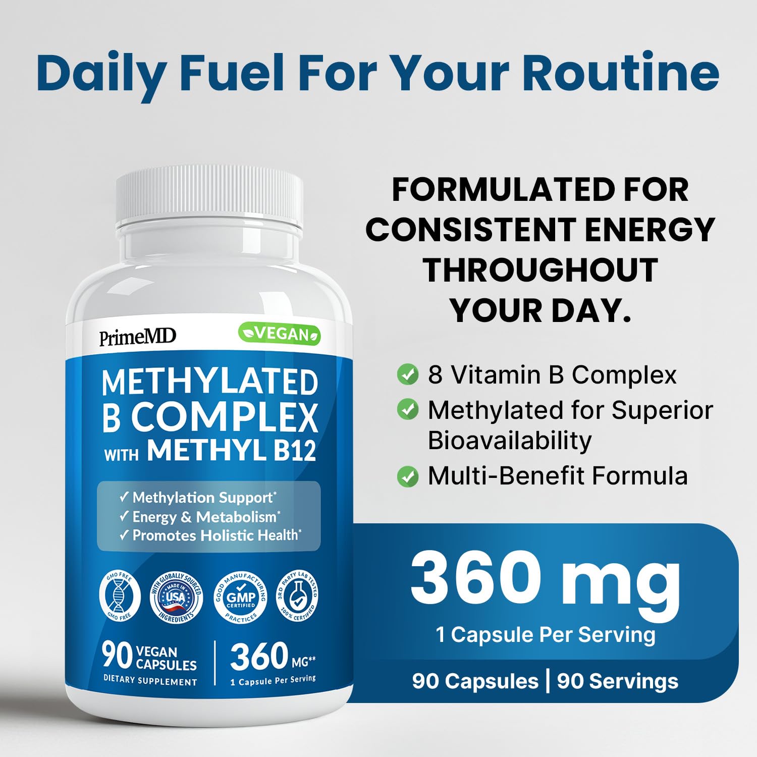 Methylated B Complex with Methylfolate and B12 Methylcobalamin 1000 mcg - Methylated Multivitamin for Energy, Brain Function, and Wellness - Vitamin B Complex for Men & Women (90 Servings) (Pack of 1) PrimeMD buy australia supplements