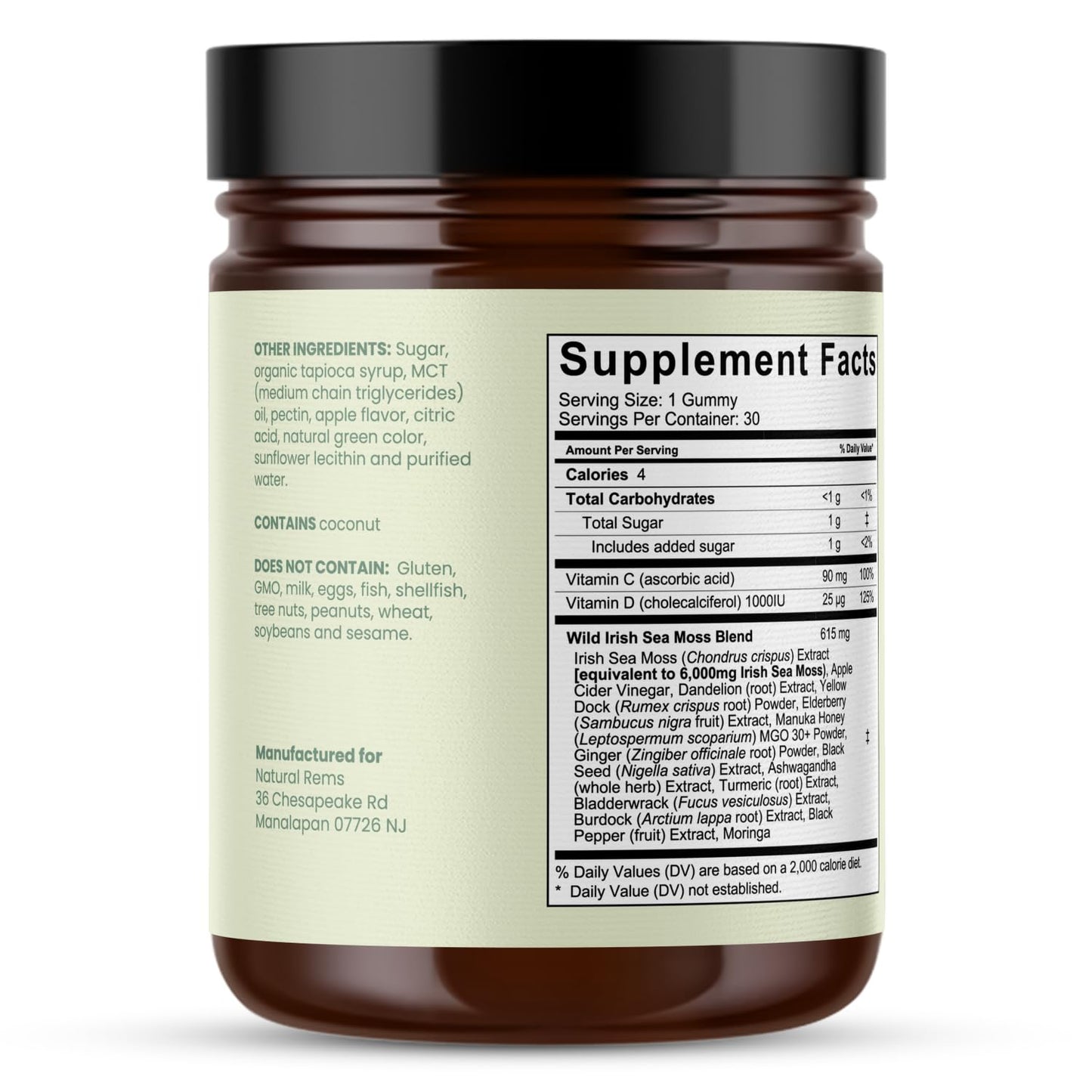 Natural Rems Sea Moss Gummies 16-in-1 - Ashwagandha Black Seed Oil Bladder Wrack Turmeric Vitamin C & D3 with Manuka Burdock Root Dandelion Yellow Natural Rems