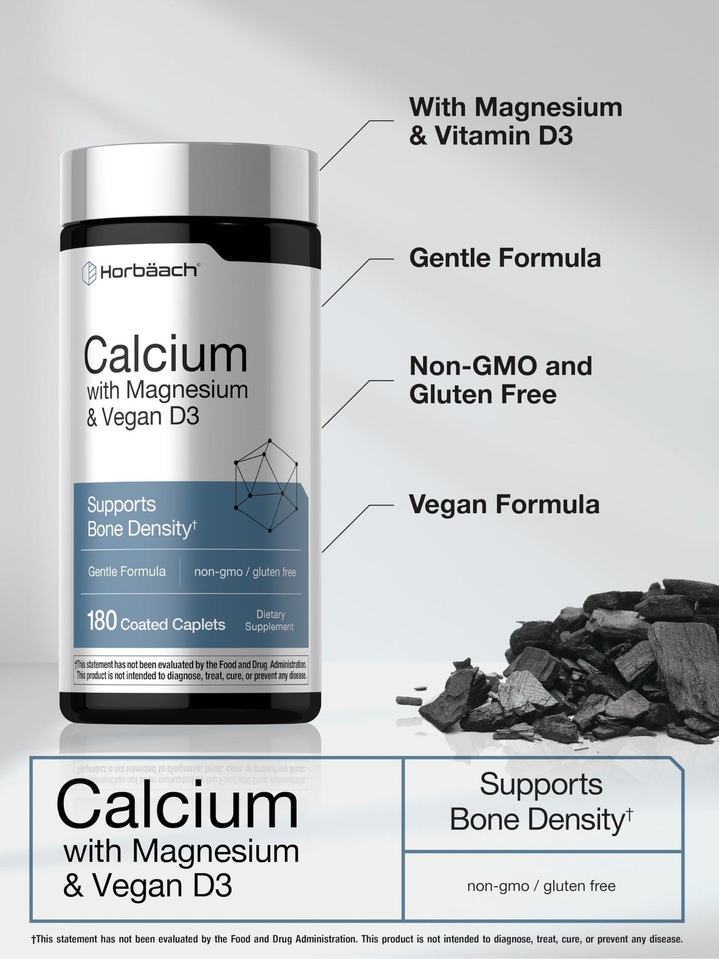 Horbäach Calcium Magnesium D3 | 180 Coated Caplets | Supports Bone Density | Supplement for Men and Women Horbäach