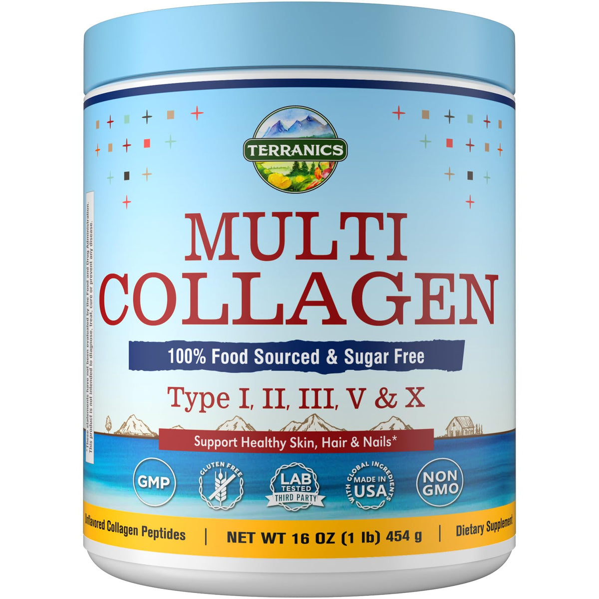 Terranics Multi Collagen Peptides Powder, Type I II III V X Hydrolyzed Collagen for Women+Men, Collagen Supplements, Fast Dissolve Terranics