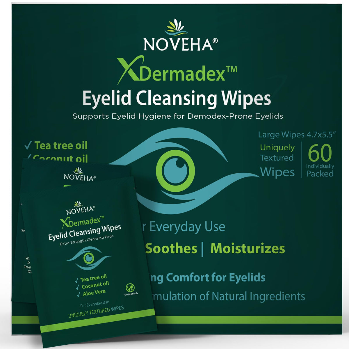 NOVEHA Demodex Eyelid & Lash Wipes | Box Of 60 Individually Wrapped Extra Strength Cleansing Eyelash Wipes - Battle Itchy & Irritated Eyes associated with Demodex Mites, Naturally Remove debris NOVEHA