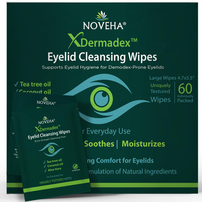 NOVEHA Demodex Eyelid & Lash Wipes | Box Of 60 Individually Wrapped Extra Strength Cleansing Eyelash Wipes - Battle Itchy & Irritated Eyes associated with Demodex Mites, Naturally Remove debris NOVEHA