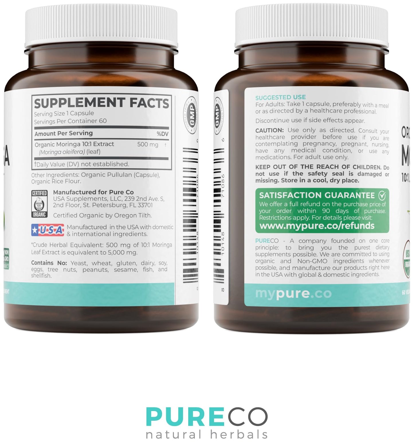 USDA Organic Moringa Capsules - High Potency Organic Moringa 500mg Extract 10:1 Per 1 Capsule Serving - Nutrient Dense Green Superfood Antioxidant PURE CO