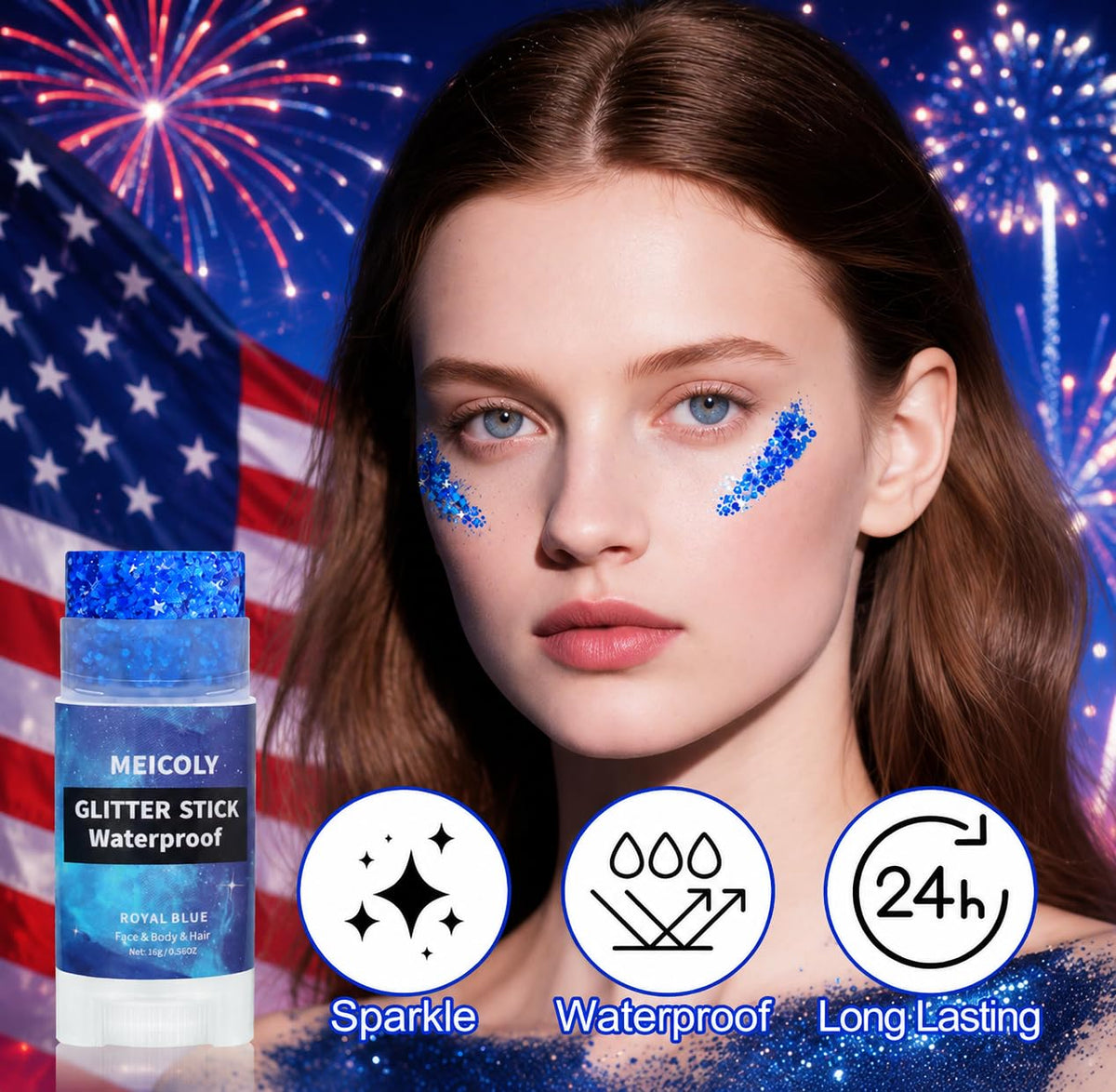 MEICOLY Royal Blue Face Hair Glitter Stick,USA Flag Makeup for Memorial Day Veterans Day,Halloween Waterproof Body Glitter Rave Accessories Blue Field Day Accessories MEICOLY