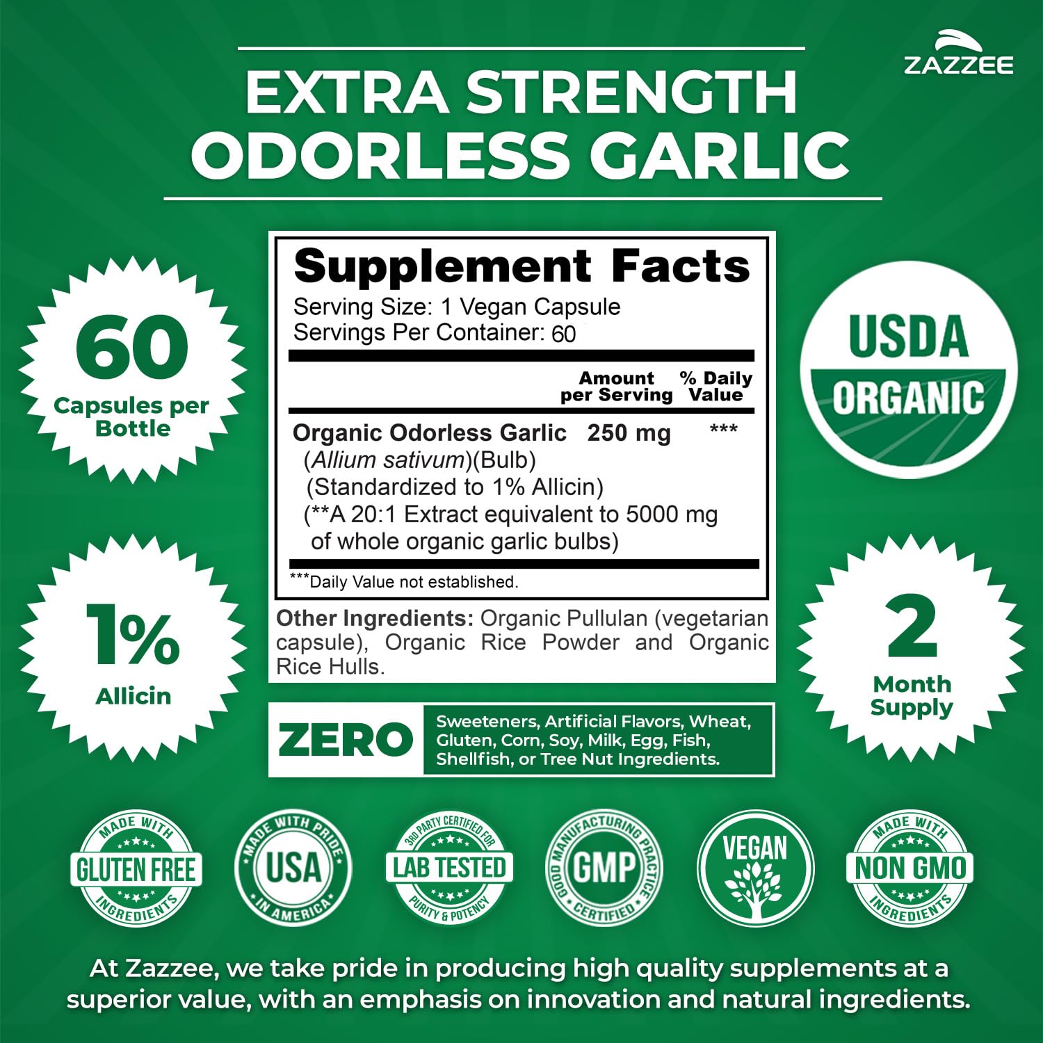 Zazzee USDA Organic Odorless Garlic 20:1 Extract, 1% Allicin, 100 Capsules | Vegan, 3+ Month Supply, Allium Sativum, Immune, Circulation & Heart Health Support, All-Natural, Non-GMO, Made in the USA Gsupps Australia