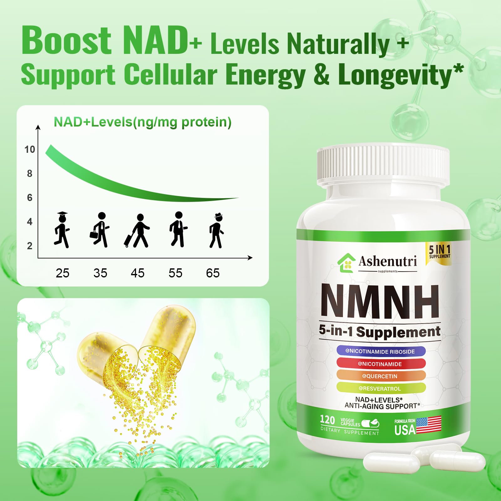 NMNH (Dihydronicotinamide Mononucleotide), NMN Alternative Supplement w/Niacinamide (Vitamin B3), Quercetin, Trans-Resveratrol, Support NAD+, Skin Cell Health*, Anti-Aging & Energy, 120 Caps Ashenutri buy australia supplements