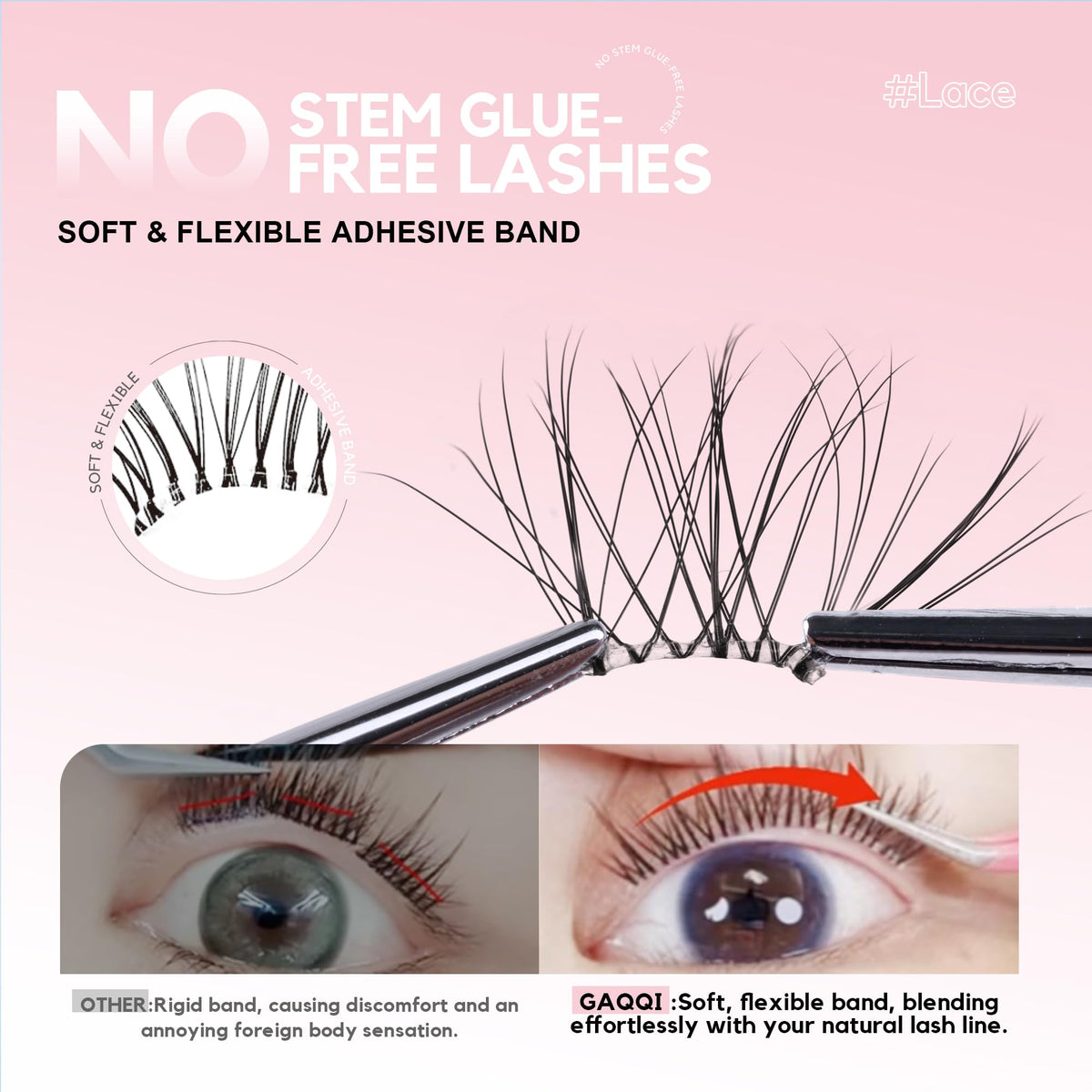GAQQI Self Adhesive Eyelash Clusters,Natural No Glue Lashes 10-16mm,LACE GAQQI
