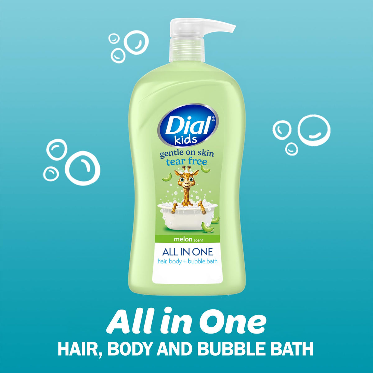 Dial Kids All-in-1 Body Wash + Hair + Bubble Bath, Melon Scent, 32 Fl Oz, Hypoallergenic Body Wash & Shampoo, No Tears Formula for Kids 2+ Years, No Parabens & Silicones Dial