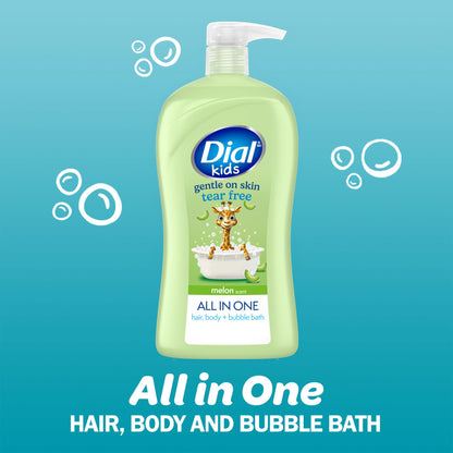 Dial Kids All-in-1 Body Wash + Hair + Bubble Bath, Melon Scent, 32 Fl Oz, Hypoallergenic Body Wash & Shampoo, No Tears Formula for Kids 2+ Years, No Parabens & Silicones Dial