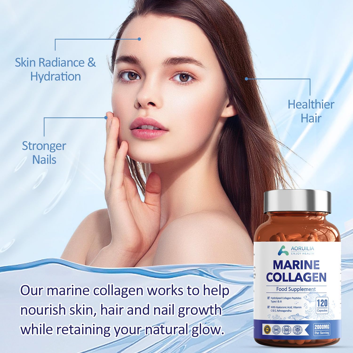 Marine Collagen Supplements for Women Men 2000mg 120 Capsules Hyaluronic Acid, Vitamin C, Vitamin E, & Ashwagandha Aoruilia buy australia supplements