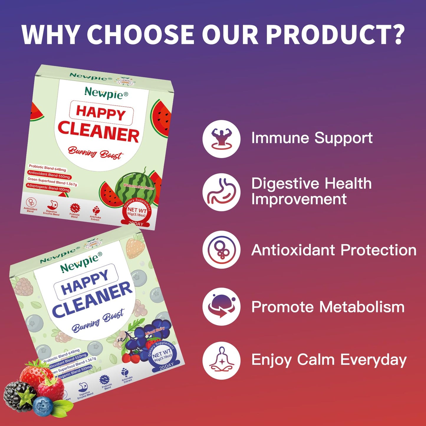 Blltzzz Newpie Superfoods Happy Cleaner Probiotic Powder,Watermelon Flavor Prebiotic & Probiotic Powder,Organic Fiber,Sugar Free,Gut Health,Natural Antioxidant Blltzzz