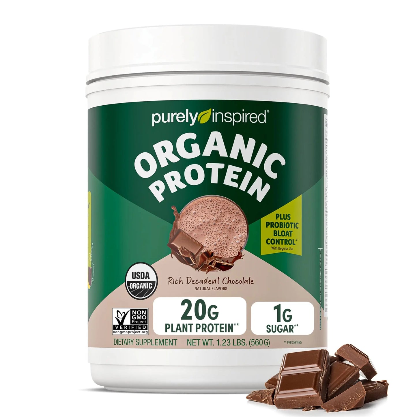 Purely Inspired Plant-Based Protein Powder for Men & Women, Rich Decadent Chocolate (16 Servings) - Vegan & Organic - 20g of Pea Protein Powder for Smoothies & Shakes Purely Inspired