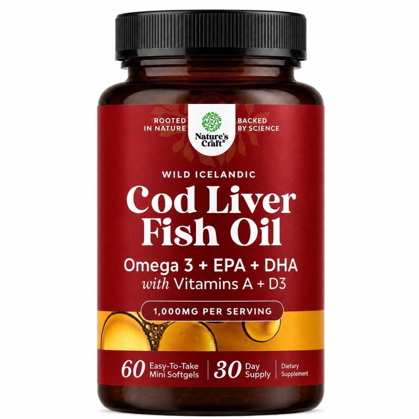 Cod Liver Oil Capsules, Omega 3 Fish Oil, 100 Mini Softgels | 1,000 mg per 2-softgel serving with 240 mg total omega-3s, EPA & DHA, vitamins A & D3, from wild-caught Icelandic cod Gsupps Australia