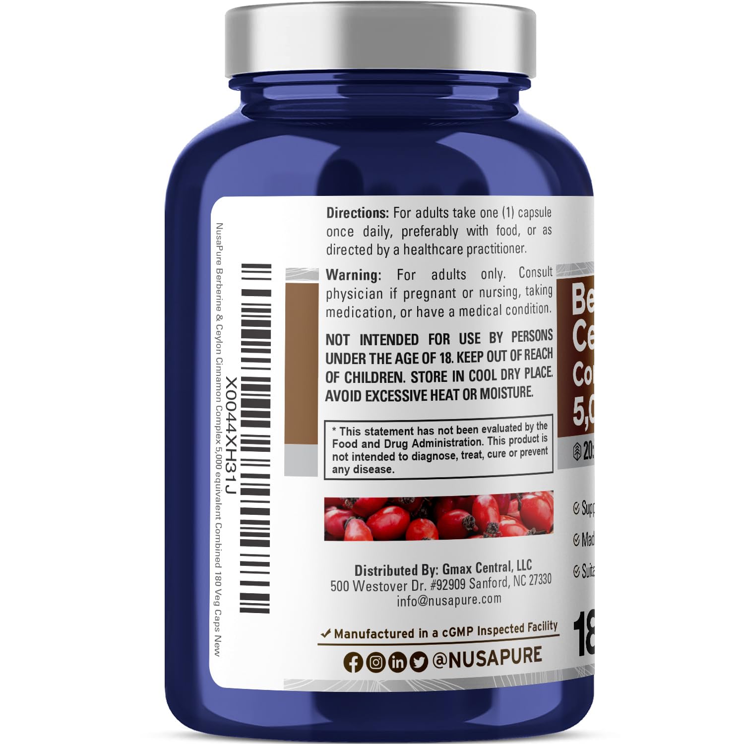 NusaPure Berberine with Ceylon Cinnamon 20:1 Extract, 250 mg Equivalent to 5000mg 180 Veggie Capsules, Vegetarian, Non-GMO Supplement, (Berberine Complex) NusaPure buy australia supplements