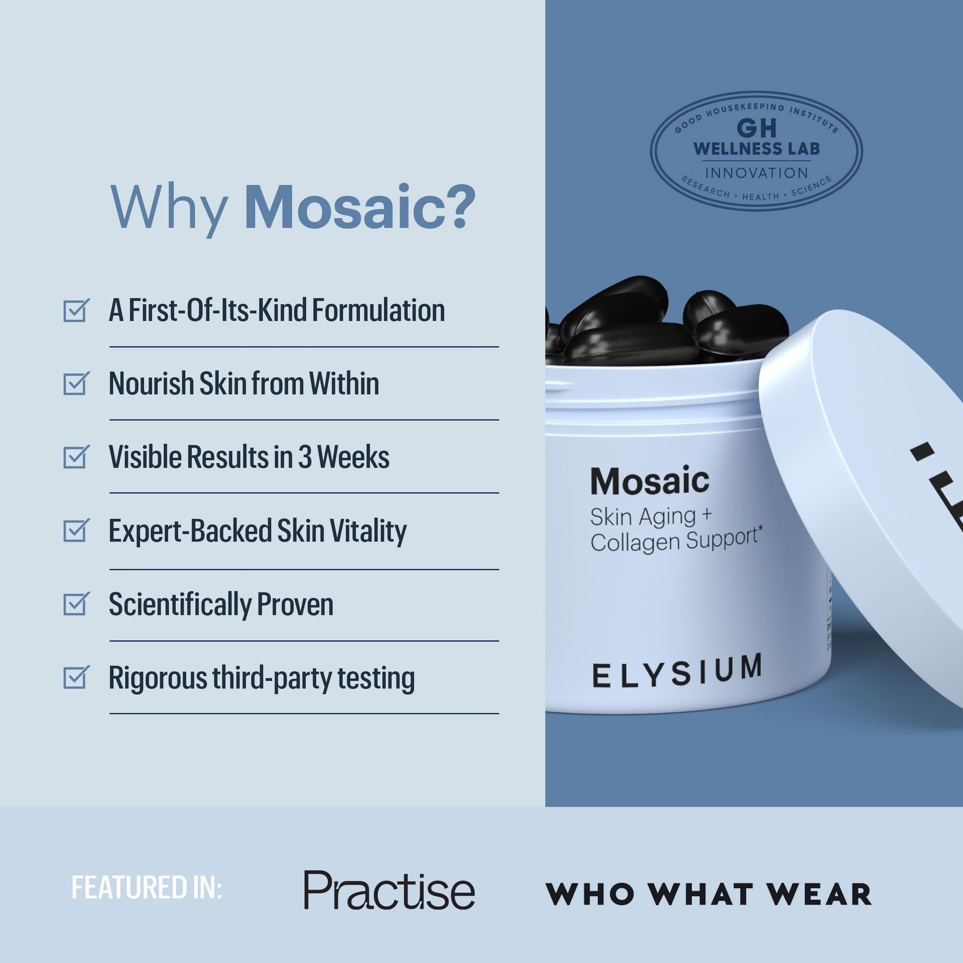 ELYSIUM Mosaic - Hyaluronic Acid Supplement - Clinically Proven - Fights Fine Lines & Skin Aging - Collagen Supplement - 30-Day Supply (Vegan Softgels) ELYSIUM buy australia supplements