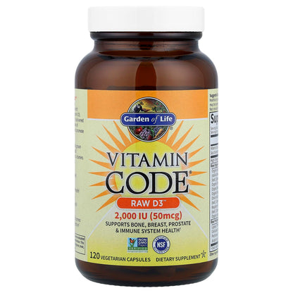 Garden of Life Vitamin D, Vitamin Code Raw D3, Vitamin D 2,000 IU, Raw Whole Food D3 Supplements with Chlorella, Fruit, Veggies & Probiotics Garden of Life