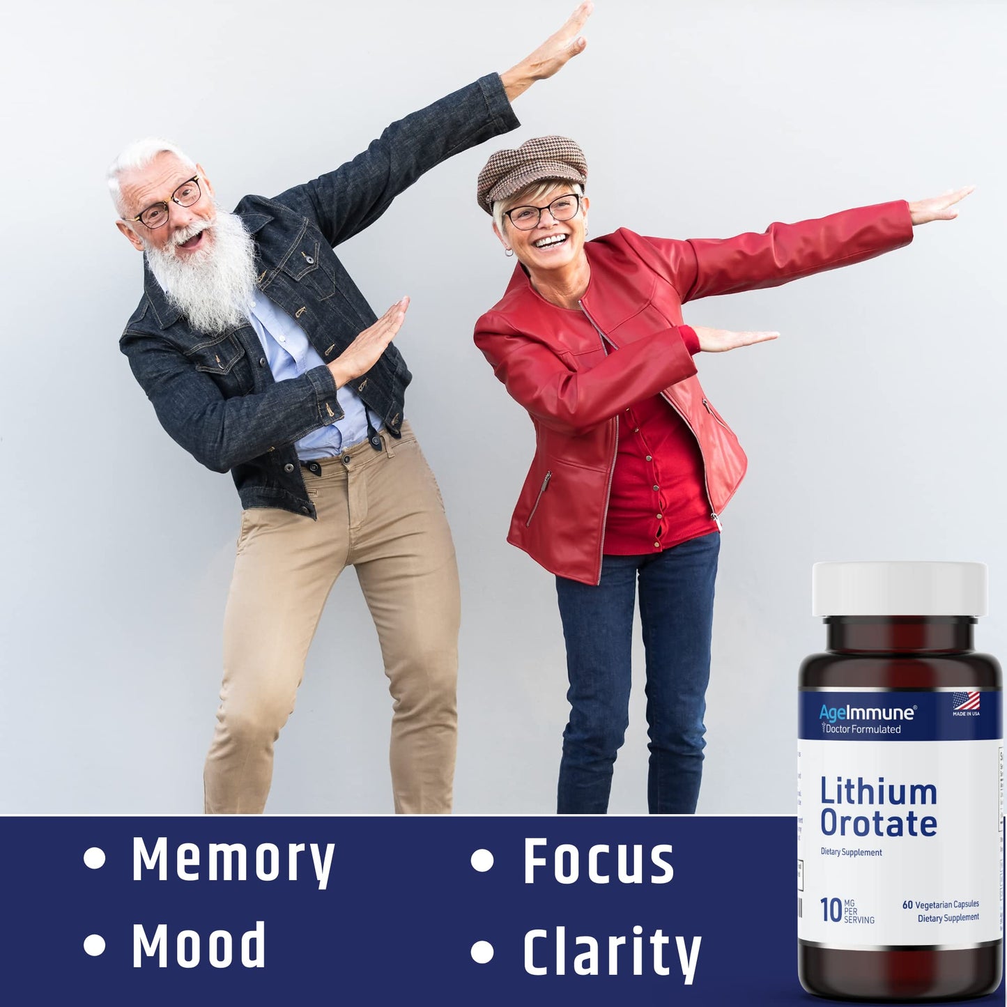 Lithium Orotate 10mg per Capsule - 60 Vegetarian Capsules. Memory and Emotional Wellness Support - Magnesium Stearate Free AgeImmune