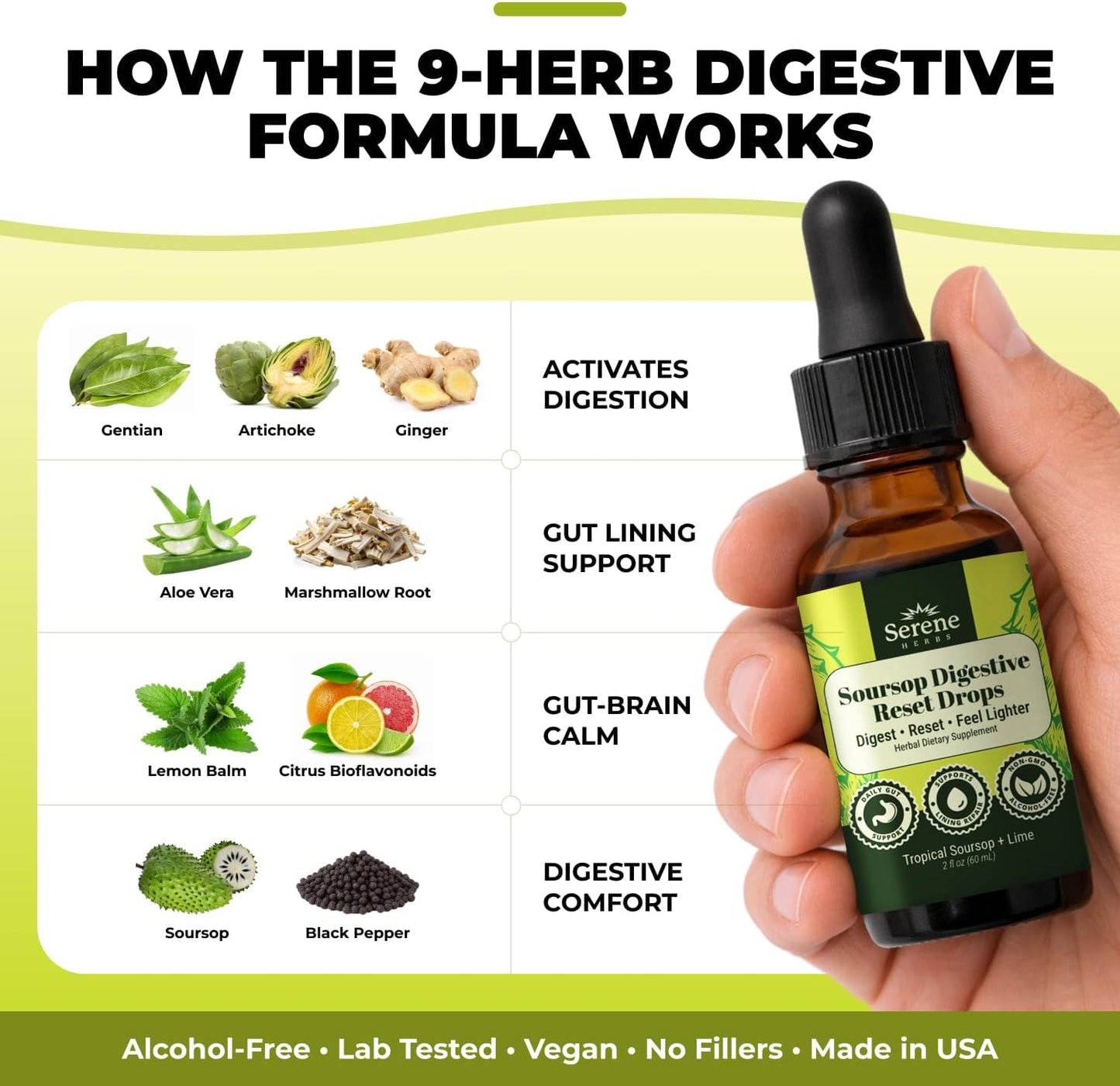 Serene Herbs Soursop Digestive Reset Drops 2 fl oz – Tropical Soursop & Lime Liquid Supplement – Supports Digestion