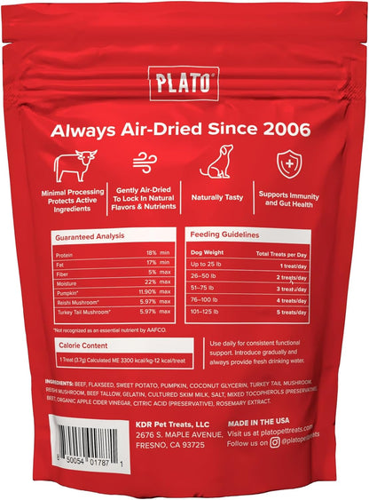 PLATO Pet Treats Air-Dried Wellness Chews for Dogs – Functional Dog Chews – Supports Immunity & Gut Health – Turkey Tail Mushroom, Pumpkin & Beef Tallow Recipe 8oz Gsupps Australia