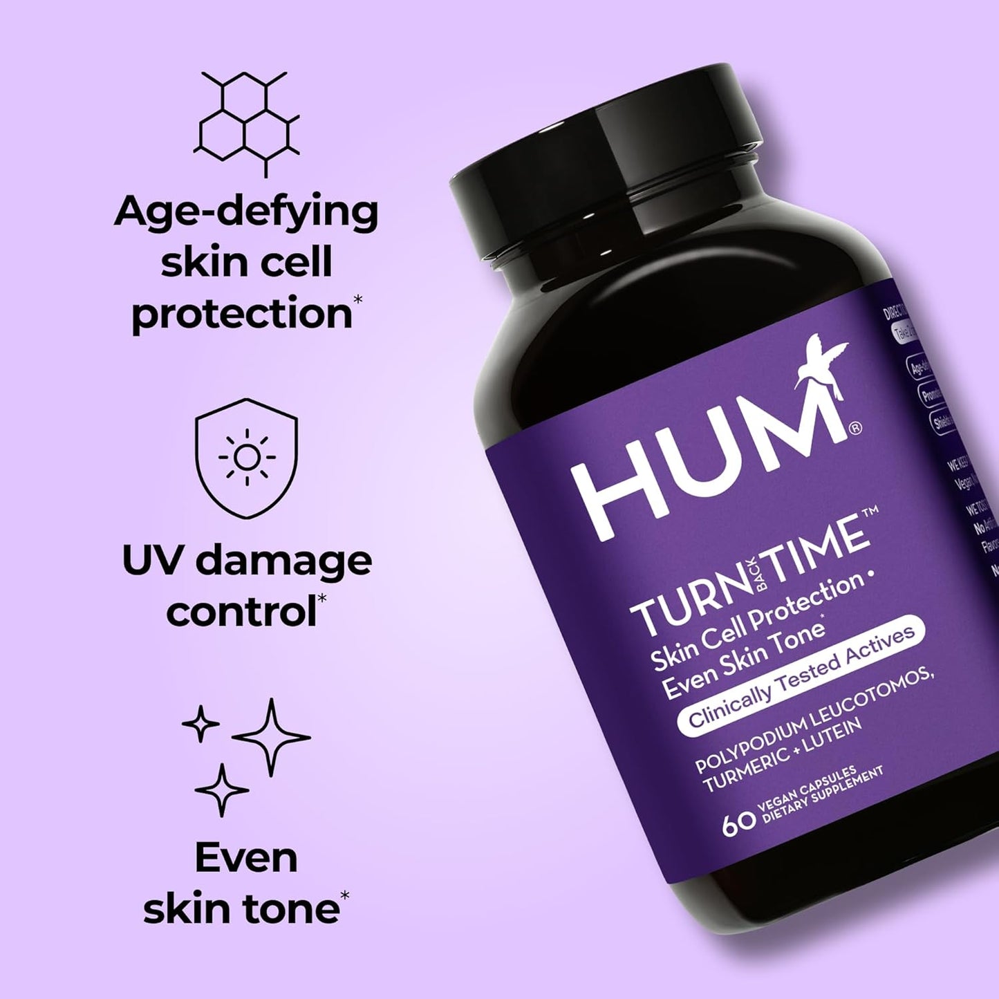 HUM Turn Back Time Turmeric Supplement for Youthful Looking Skin Support with Green Tea Extract, Lutein & Polyphenols, Skin Care Aging & Collagen Support Capsules for Even Tone, 60 Vegan Capsules