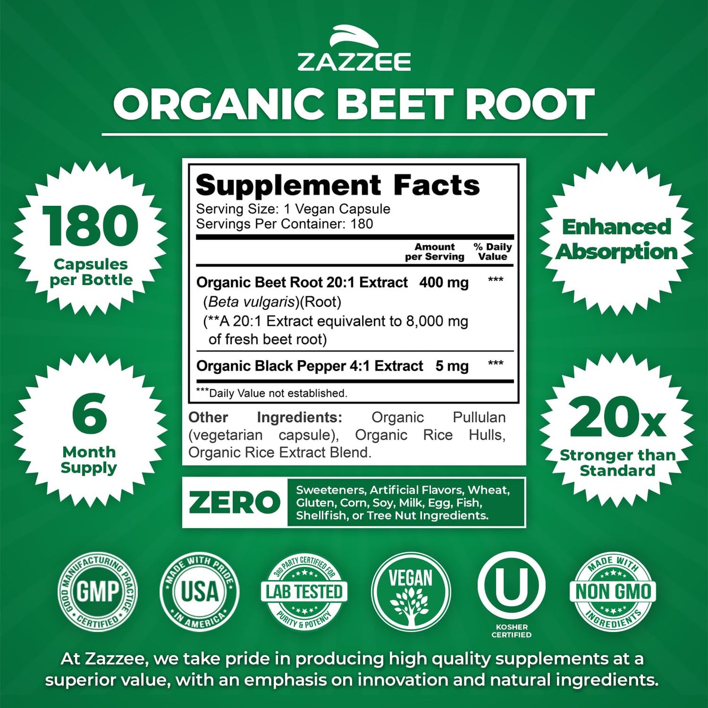 Zazzee USDA Organic Beet Root 20:1 Extract, 120 Quick Release Capsules | 4 Month Supply, Vegan, Nitric Oxide Support, Black Pepper Extract for Enhanced Absorption, Certified Kosher, Made in the USA Gsupps Australia