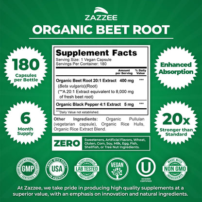 Zazzee USDA Organic Beet Root 20:1 Extract, 120 Quick Release Capsules | 4 Month Supply, Vegan, Nitric Oxide Support, Black Pepper Extract for Enhanced Absorption, Certified Kosher, Made in the USA Gsupps Australia