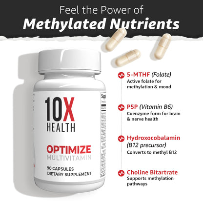 10X Health Optimize Methylated Multivitamin for Men - 90 Capsules, 34 in 1 Formula with 800 mcg of Vitamin B12, 5-MTHF, NAC 10X Health System
