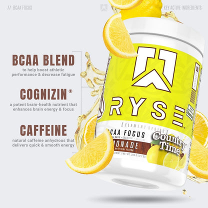 RYSE BCAA Focus Powder - Country Time Lemonade - BCAA Supplement with Electrolytes, Natural Caffeine & Cognizin Supports for Hydration, Recovery, Energy, and Focus for Men & Women - 30 Servings