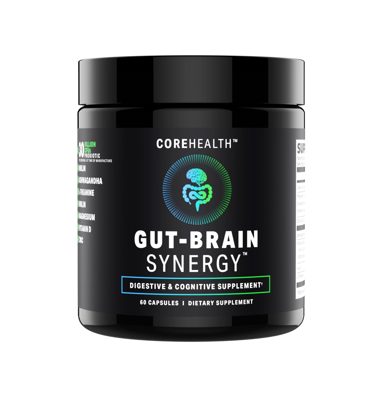 Gut-Brain Synergy Probiotic & Nootropic – 30Billion CFU Psychobiotic + Prebiotic with Ashwagandha, L-Theanine & Zinc for Gut Health, Mood Support, Stress Relief, Bloating Relief & Brain Focus & Memory COREHEALTH