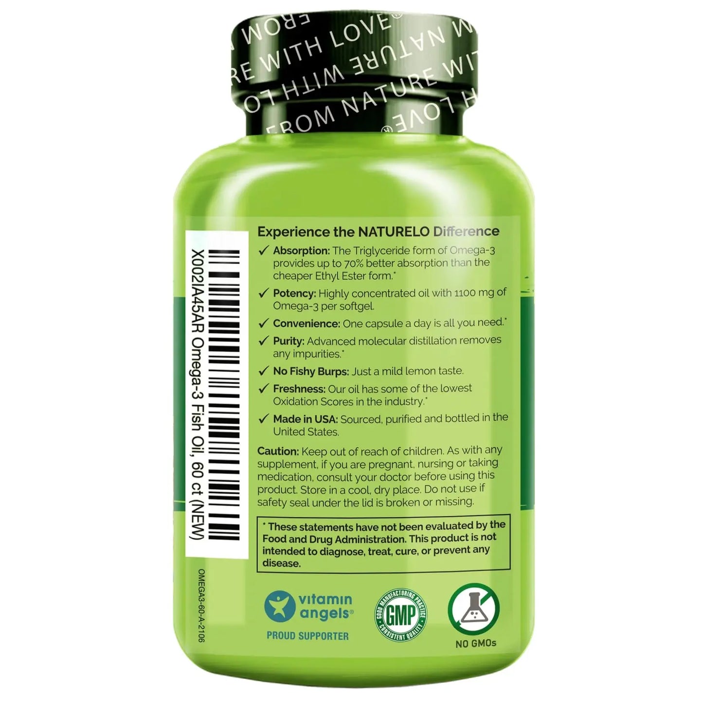 NATURELO Burpless Omega 3 Fish Oil Supplement - 1100mg Triglyceride Omega-3, EPA + DHA, Liquid Fish Oil for Heart, Eye, Brain, Joint Health NATURELO