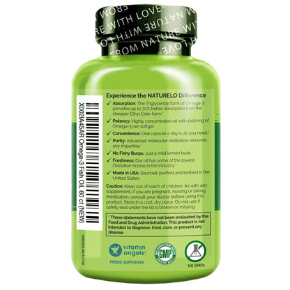 NATURELO Burpless Omega 3 Fish Oil Supplement - 1100mg Triglyceride Omega-3, EPA + DHA, Liquid Fish Oil for Heart, Eye, Brain, Joint Health NATURELO