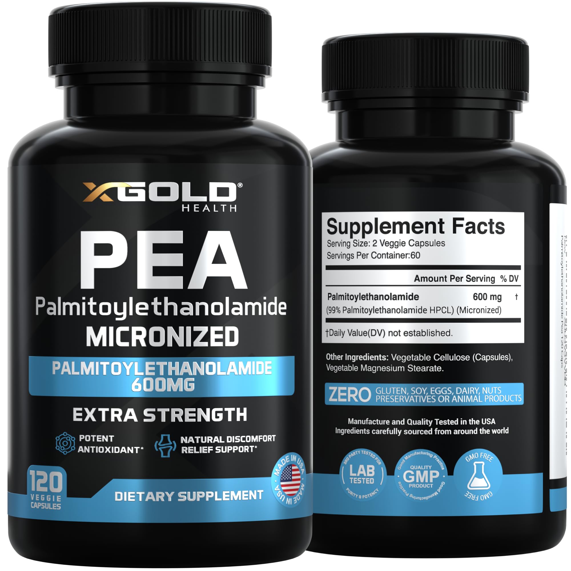 Palmitoylethanolamide Pea Supplement 600 mg | Micronized Pea 99% Highly Purified and Bioavailable | Made in USA | Supplement for Men and Women - 120 Capsules X Gold Health buy australia supplements